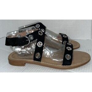 Halogen‎ Sandals Size 12 Black Leather Ankle Strap Grommet Gladiator Flat Casual